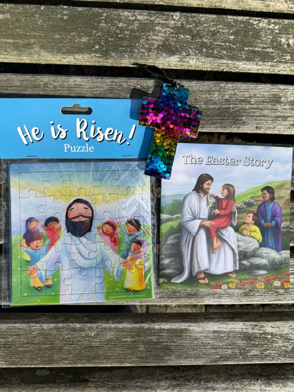 He is Risen! Puzzle & The Easter Story Book with Sequin Cross bundle Easter gift